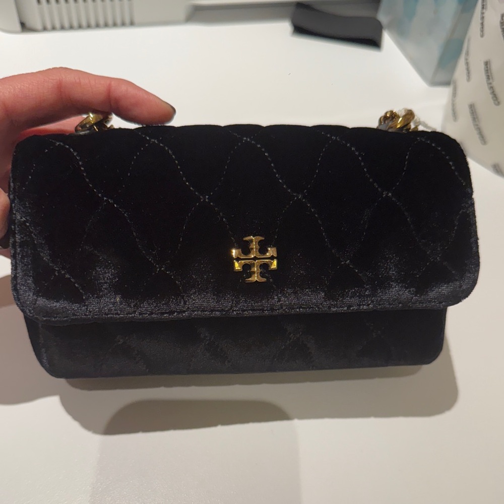 Tory Burch Black Velvet Mini Bag with Gold Accents